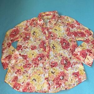 JM COLLECTION floral abstract button up long sleeve crinkle split cuffs size 12